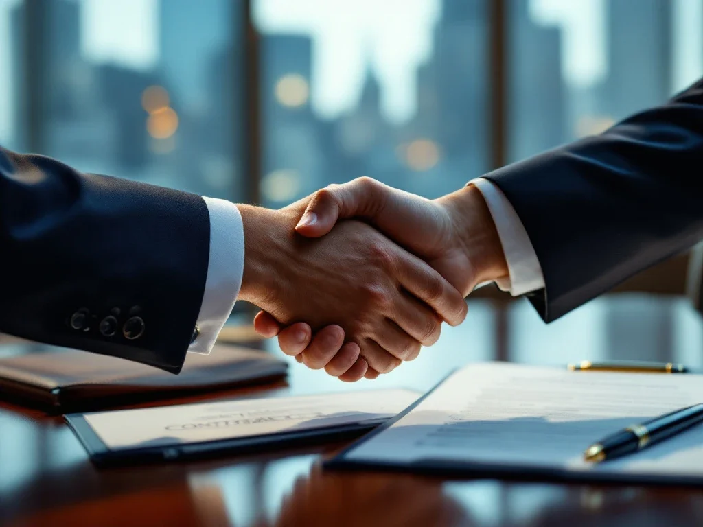 Twee zakenmensen schudden handen boven mahonie tafel met contract en vulpen in modern kantoor