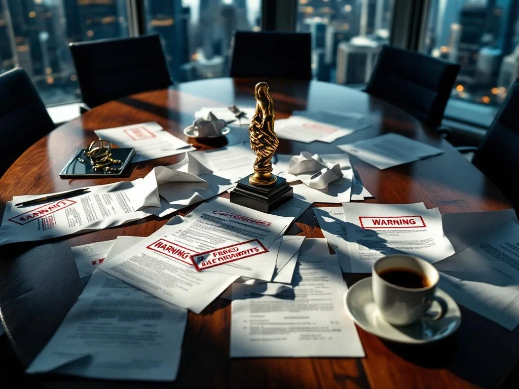 Aerial view of mahogany board table with scattered financial documents, red-stamped contracts and broken handshake sculpture