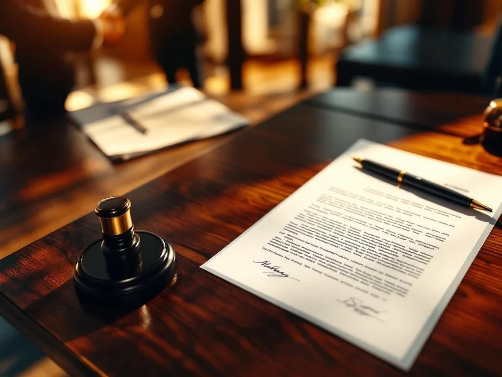 Mahonie vergadertafel met juridische documenten, notarisstempel en vulpen voor zakelijke overnameovereenkomst