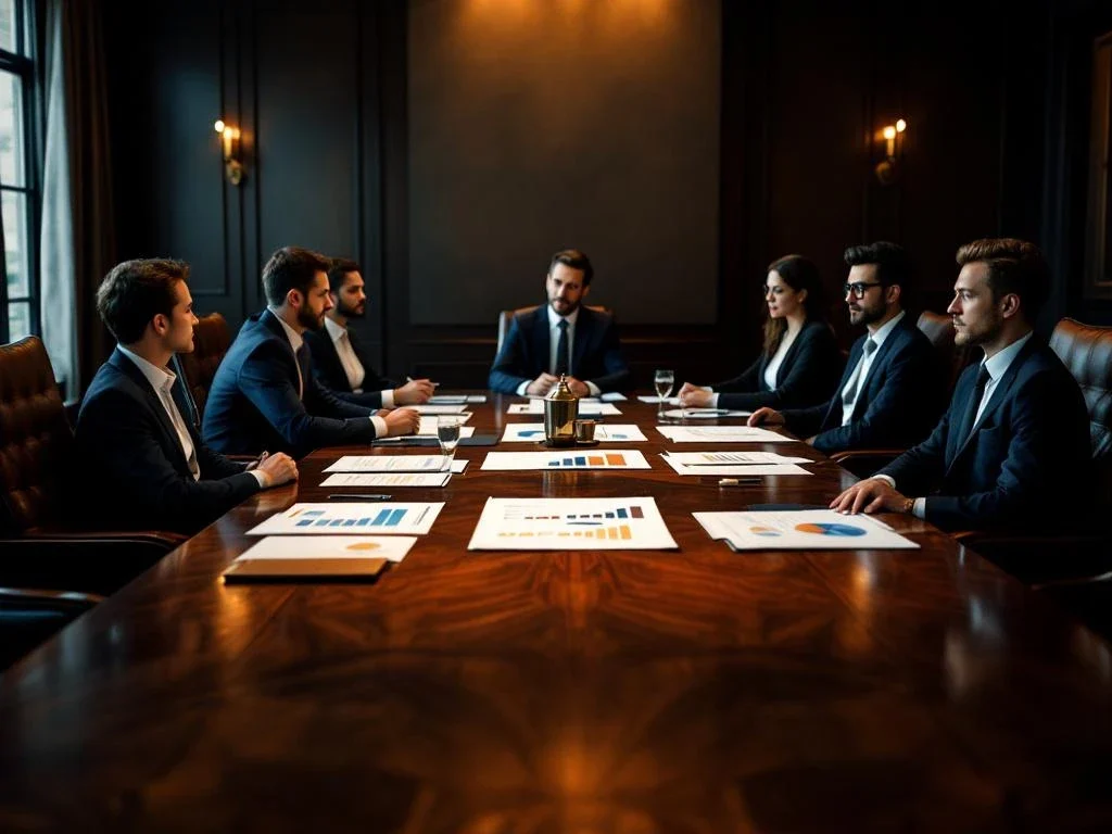 Zakelijke vergaderruimte met management en personeel aan mahonie tafel met financiële documenten en grafieken