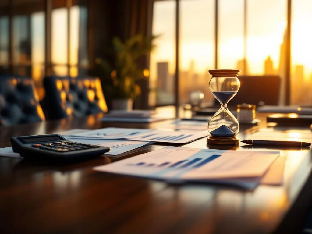 Zandloper op elegante houten bestuurstafel met financiële documenten en stijgende grafieken in gouden licht