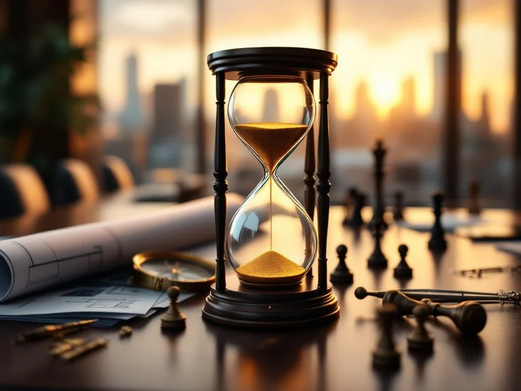 Hourglass with golden sand on mahogany desk with blueprints, compass and chess pieces in business boardroom