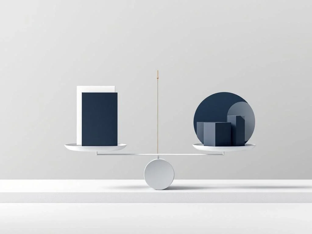 Witte weegschaal met documenten en donkere vormen die schulden voorstellen, navy blauw en goud kleurenschema