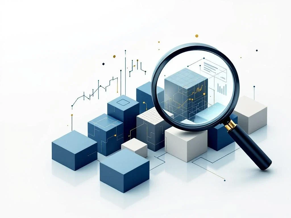 Magnifying glass over geometric blocks of financial data, business analysis in shades of blue and grey