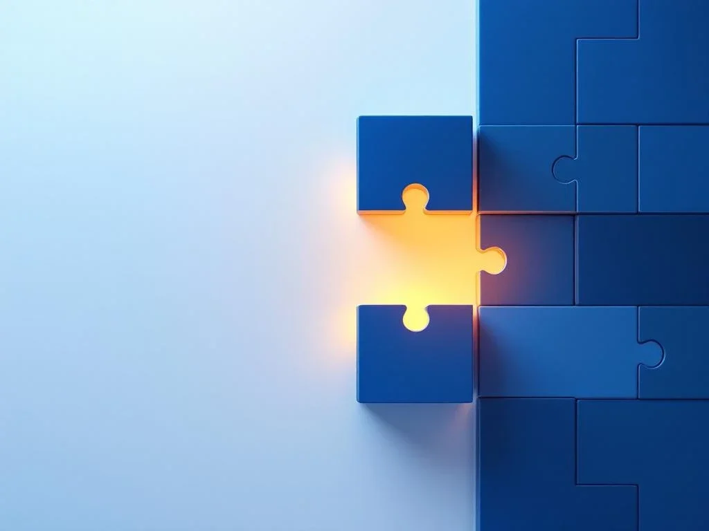Geometrische bouwblokken in blauw en zilver met één gloeiend amber element dat zich afscheidt, symboliseert bedrijfstransitie