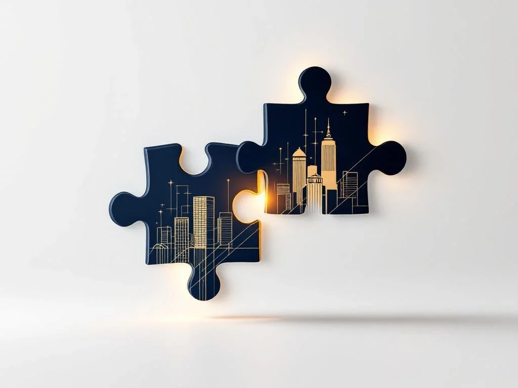 Twee in elkaar grijpende puzzelstukken in marineblauw en goud symboliseren juridische documenten en bedrijfsactiva