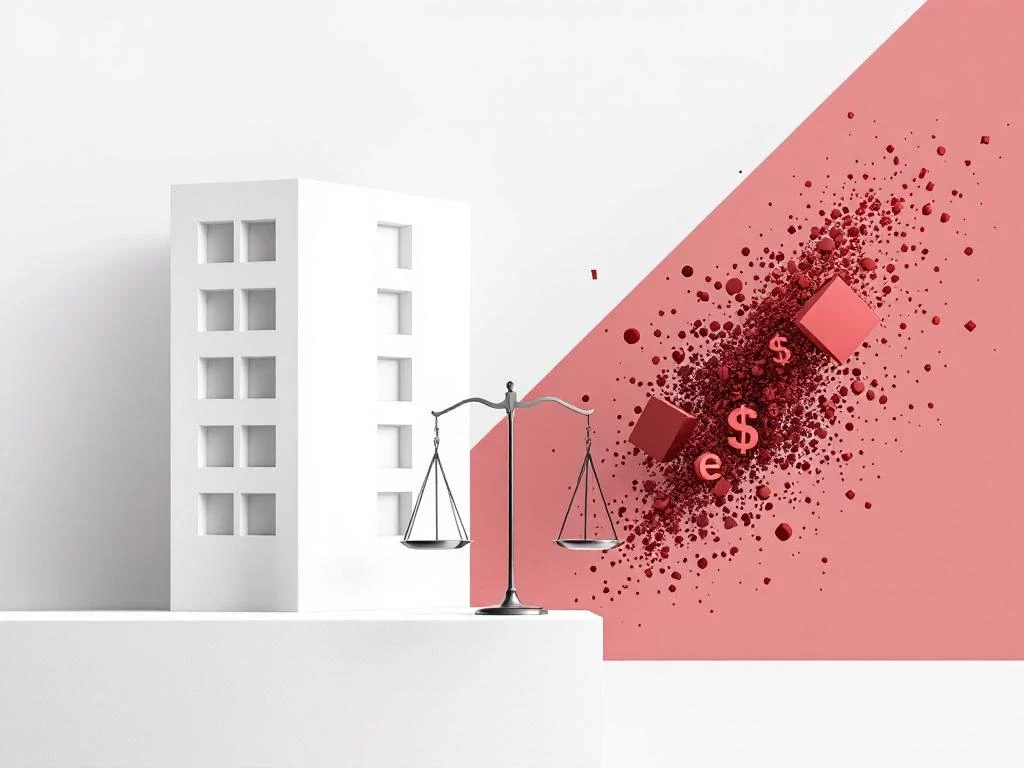 Minimalistische bedrijfsfinancieringsillustratie met wit kantoorgebouw en rode schuldensymbolen gescheiden door diagonale lijn