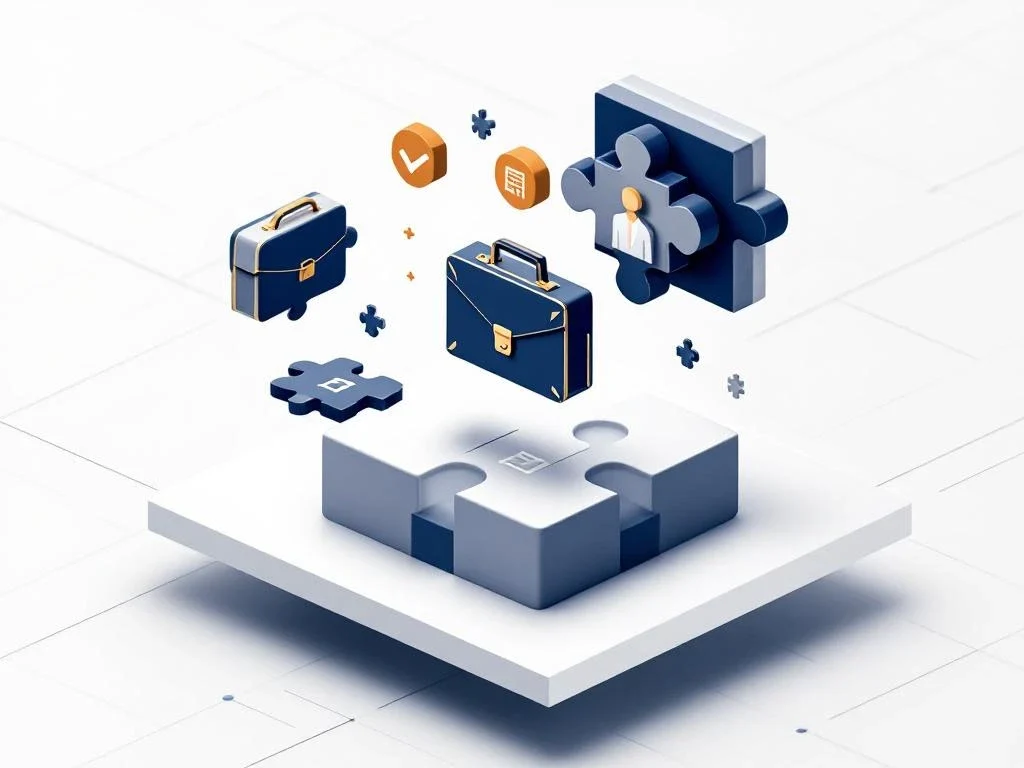 Geometric company symbols in navy blue and gold on white background, symbolising asset deal components