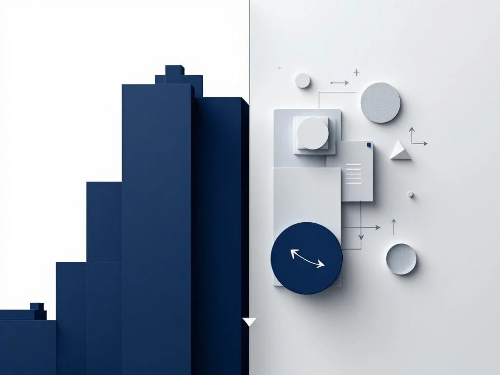 Split screen shows business acquisition versus individual assets with geometric shapes and arrows for comparison