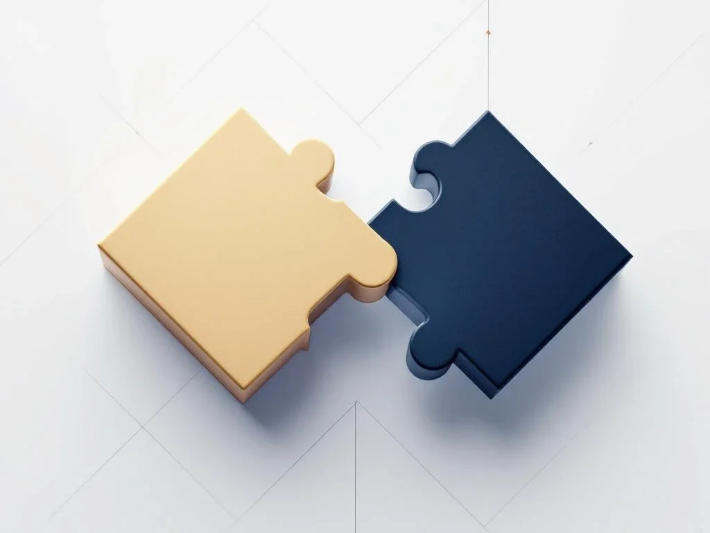 Twee navy blauwe en gouden geometrische puzzelstukken die naadloos verbinden op witte achtergrond met pijlen