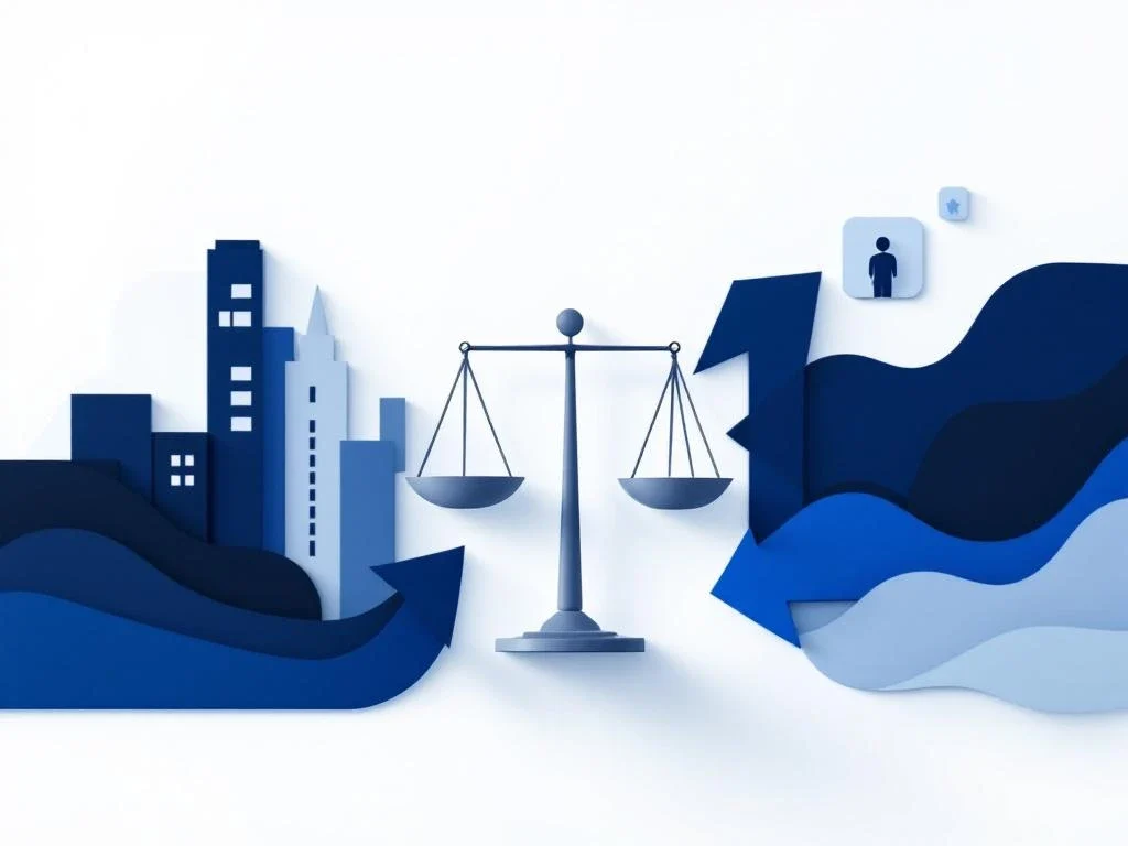 Business scale with buildings and arrows to person figures, minimalist corporate transformation illustration