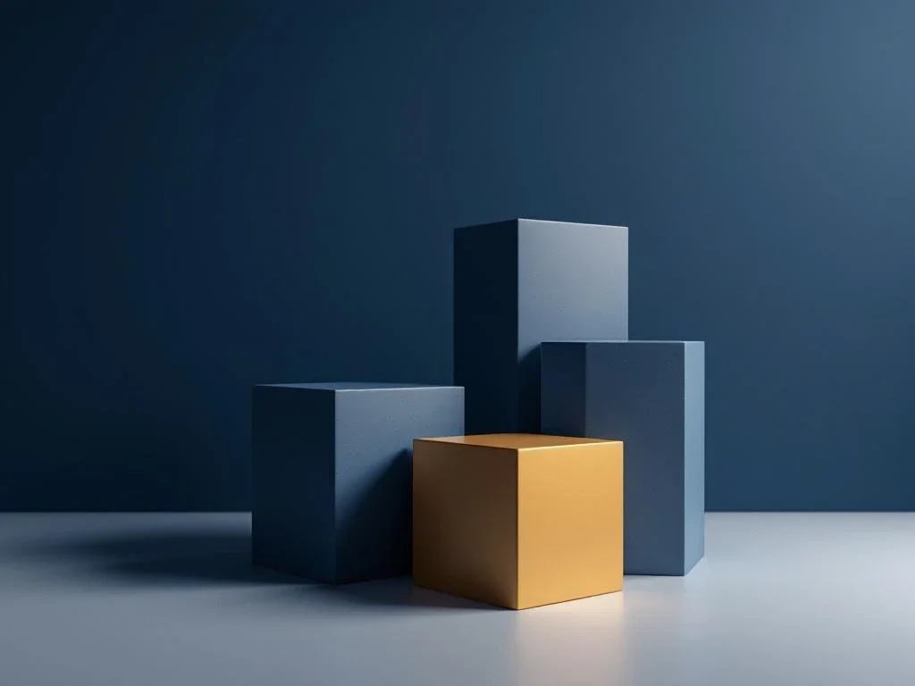 Geometric building blocks in navy blue and silver with gold accent, arranged for strategic business transactions