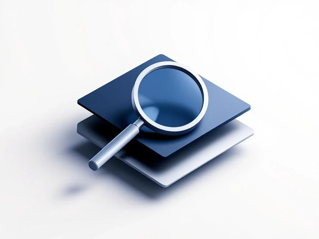 Vergrootglas boven gestapelde documenten in marineblauw en zilver, symboliseert financiële analyse en due diligence