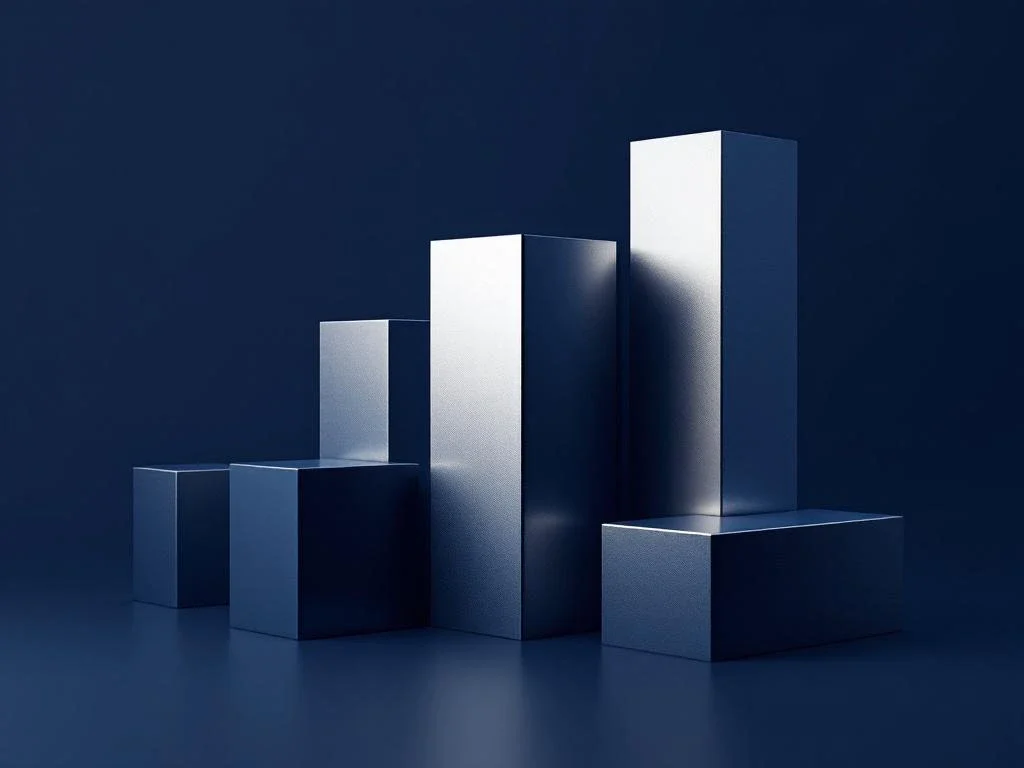 Geometric building blocks in navy blue and silver representing financial structure and strategic assembly