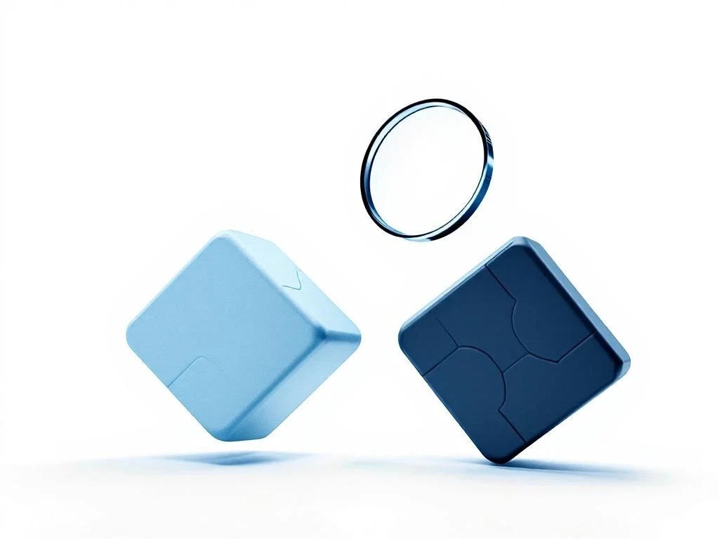 Twee blauwe geometrische puzzelstukken die bedrijfsfusie symboliseren, met vergrootglas en verbindingslijnen op witte achtergrond