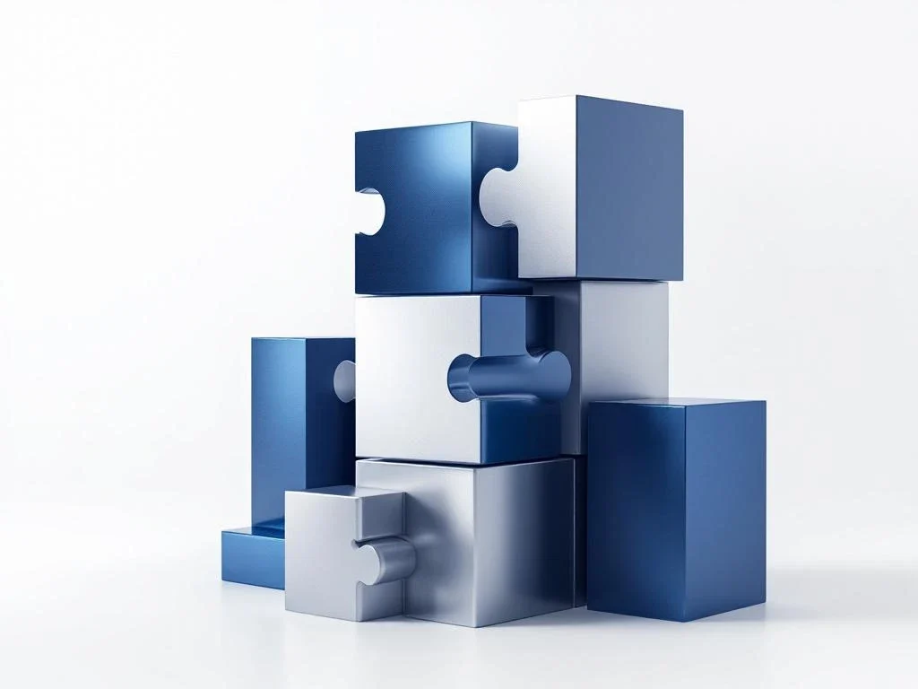 Geometrische bouwstenen in marineblauw en zilver die financiële structuur en strategische assemblage symboliseren