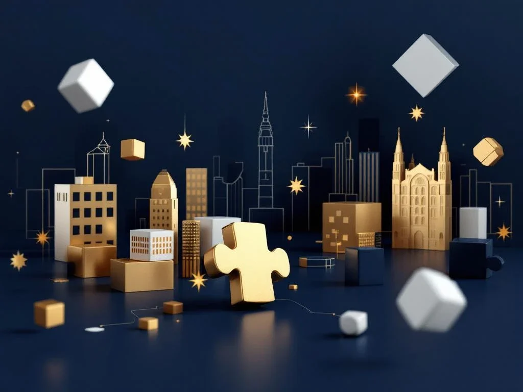 Geometrische bouwstenen en puzzelstukken in marineblauw en goud die fusies en overnames visualiseren tegen abstracte skyline