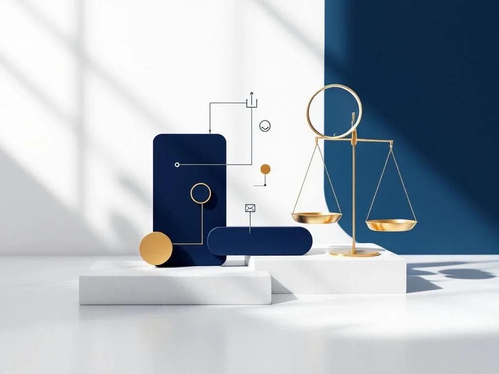 Legal scale and document icons with geometric shapes showing asset transfer on white background