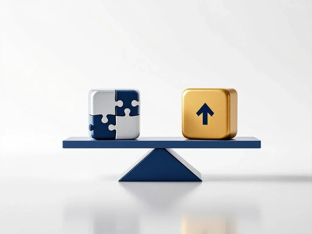 Weegschaal met puzzelstukjes en ongedaan-maken pijl, symboliseert afwegen van omkeerbare zakelijke beslissingen