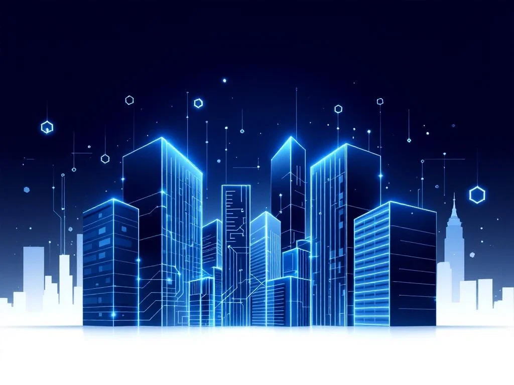 Minimalist AI circuit patterns merging with corporate building silhouettes in blue-silver colours