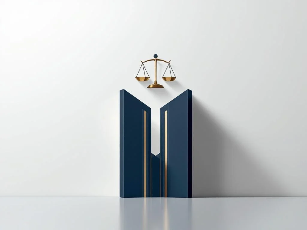Two geometric building silhouettes merge into one structure in navy blue and gold with legal scales above it