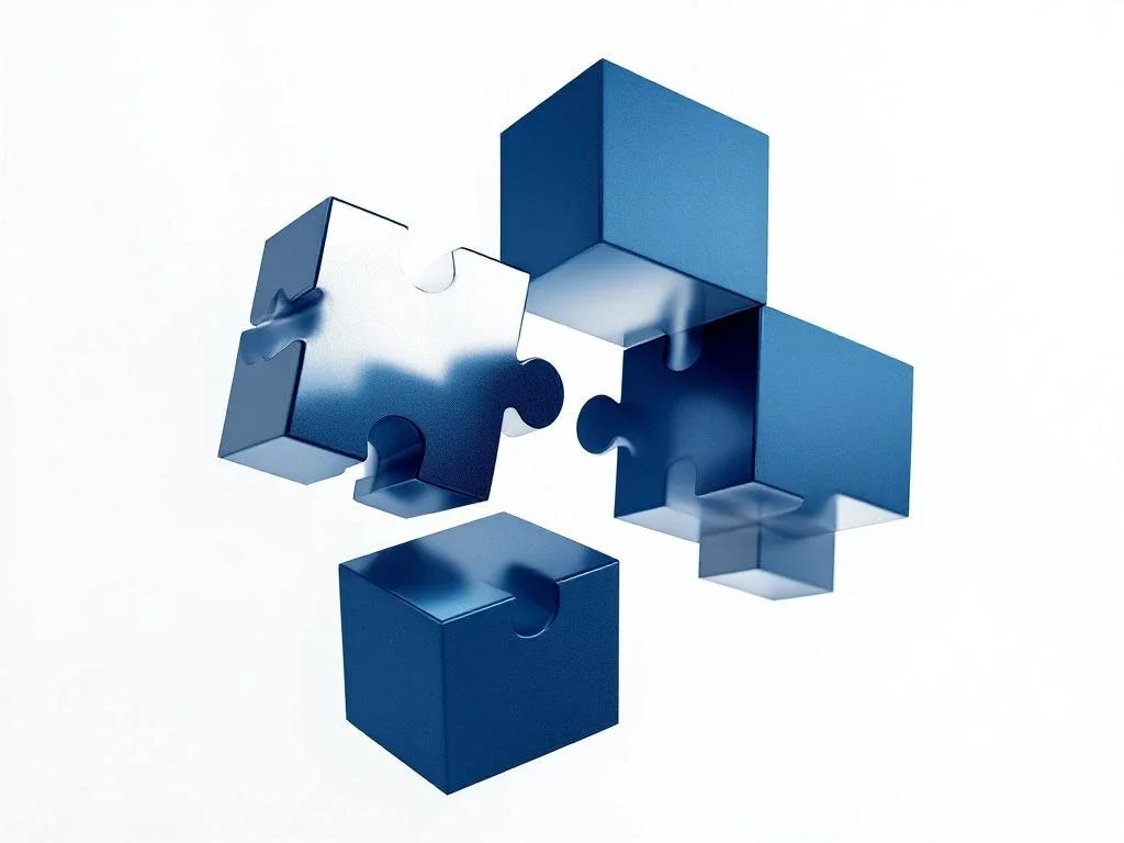 Geometrische bouwblokken in marineblauw en zilver die zweven tegen witte achtergrond, symboliseert bedrijfsfusie