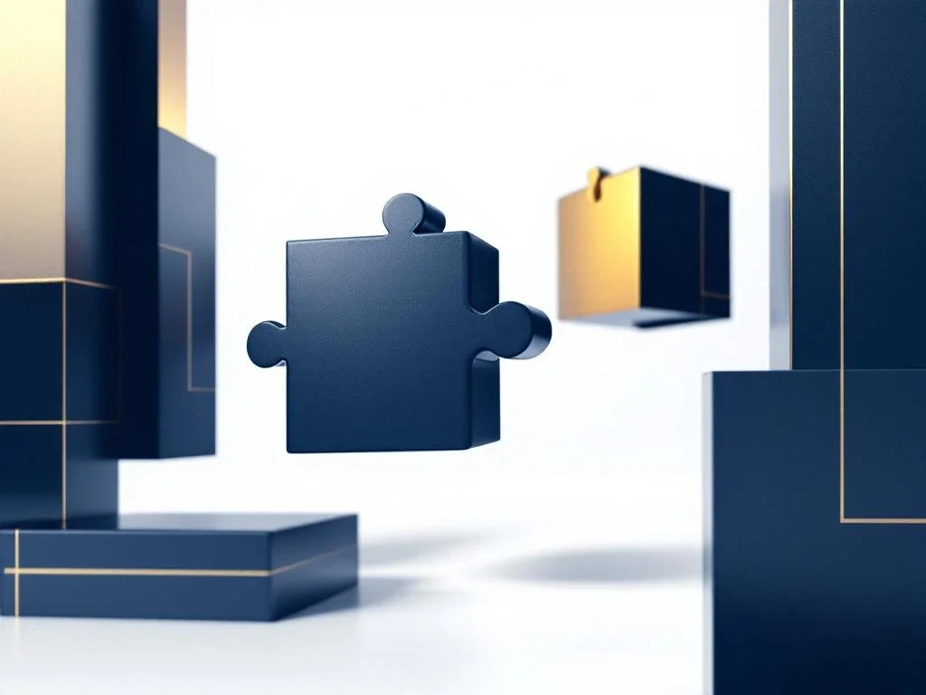 Geometrische bouwblokken in marineblauw en goud zweven en verbinden zich, symboliserend bedrijfsfusies en activatransfer