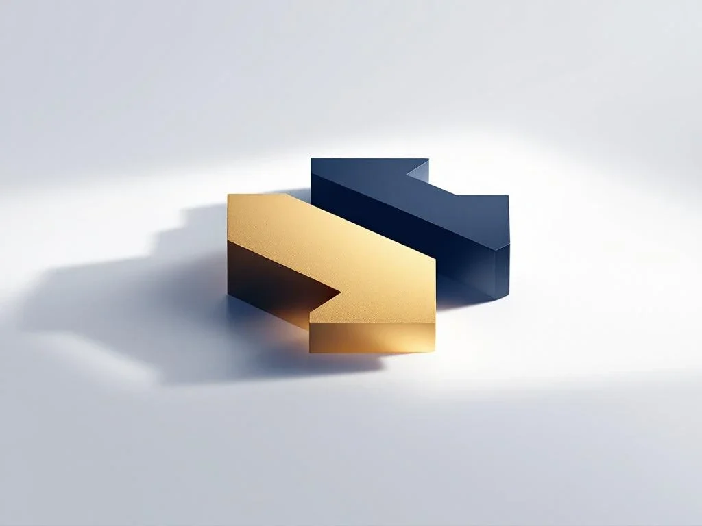 Twee overlappende rechthoekige vormen in marineblauw en goud die bedrijfsfusie symboliseren met pijlelementen op witte achtergrond