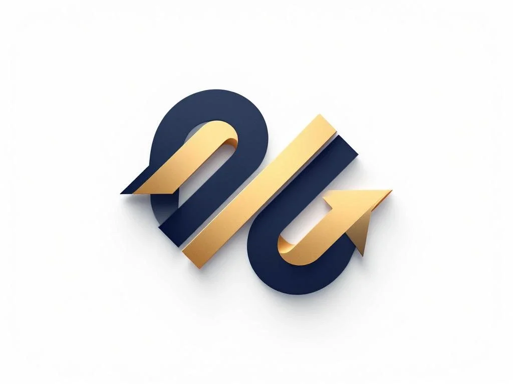 Two geometric arrows merging into one shape, symbolising corporate mergers, navy blue and gold on white.