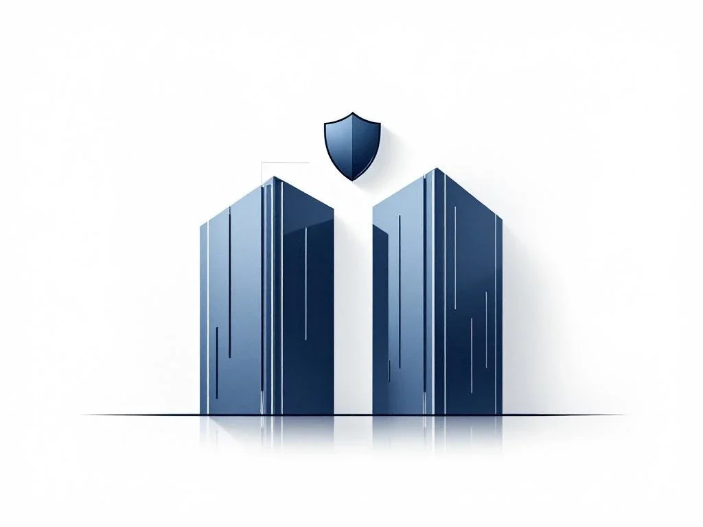 Two geometric commercial buildings merge into one structure in navy blue and silver with shield icon above it