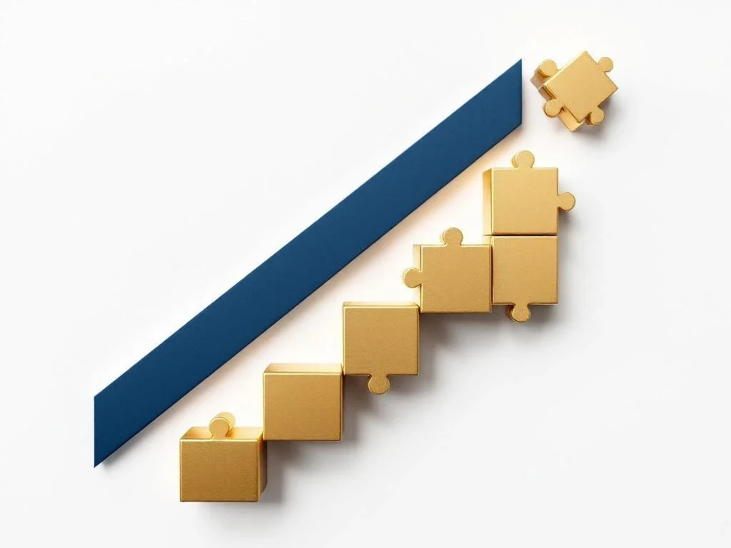 Geometrische bouwblokken in marineblauw en goud vormen opwaartse trap, symboliseert bedrijfsgroei en strategische planning.