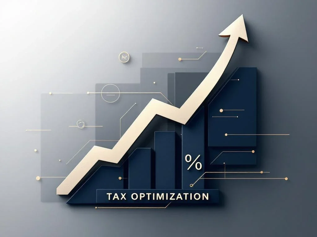 Geometrische belastingoptimalisatie illustratie met pijl omhoog, calculator toetsen en grafieken in goud en marineblauw