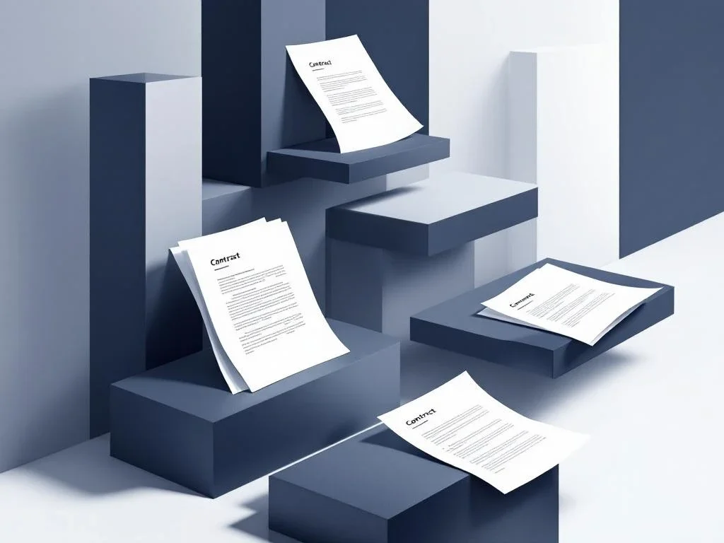 Gestapelde contractdocumenten in minimalistische compositie met navy, grijs en wit kleurenschema voor zakelijke financiën