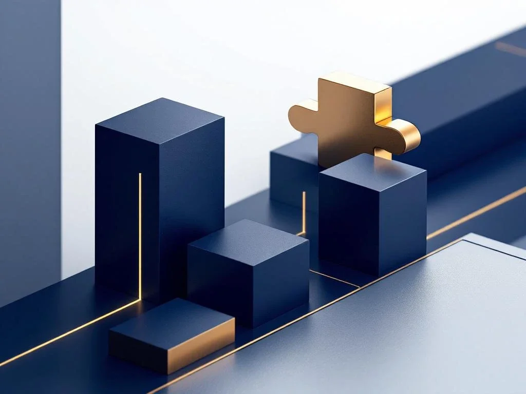 Geometrische bouwblokken in marineblauw en goud die strategische bedrijfstransactie symboliseren met professionele verlichting