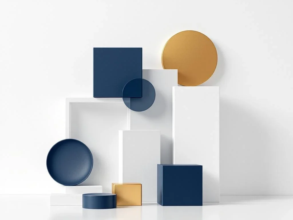 Geometrische bouwstenen in marineblauw en goud gerangschikt voor strategische assemblage op witte achtergrond