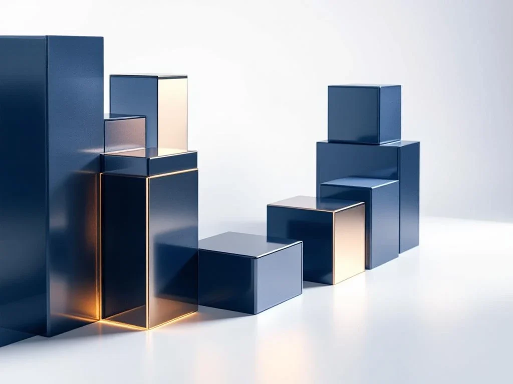 Geometrische bouwstenen in marineblauw en zilver met gouden accent, gerangschikt als abstracte weergave van zakelijke transactie