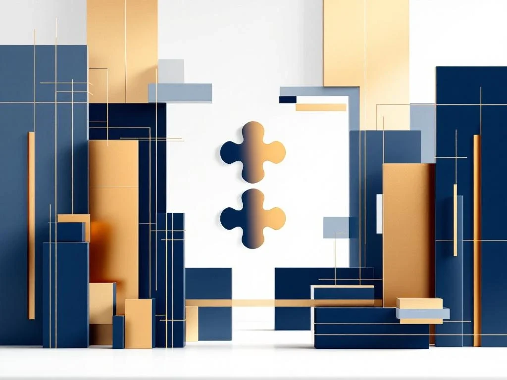 Geometrische bouwstenen in marineblauw en goud die strategische bedrijfstransacties symboliseren op witte achtergrond