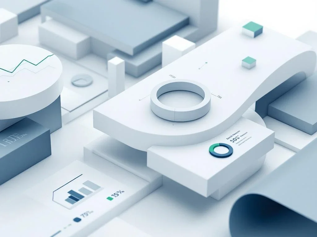 Minimalistische dashboard met geometrische grafieken en voortgangsindicatoren in blauw-grijze kleuren voor financiële data