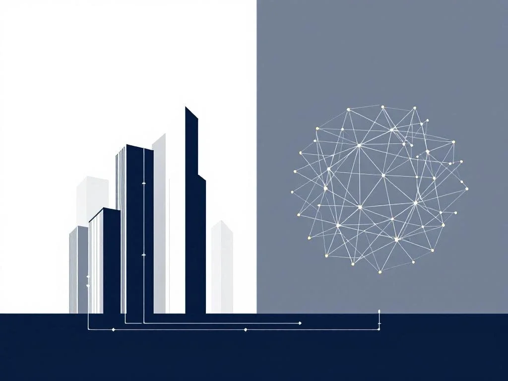 Geometrische vormen die asset- en aandelentransacties voorstellen in marineblauw, wit en goud met verbindingslijnen