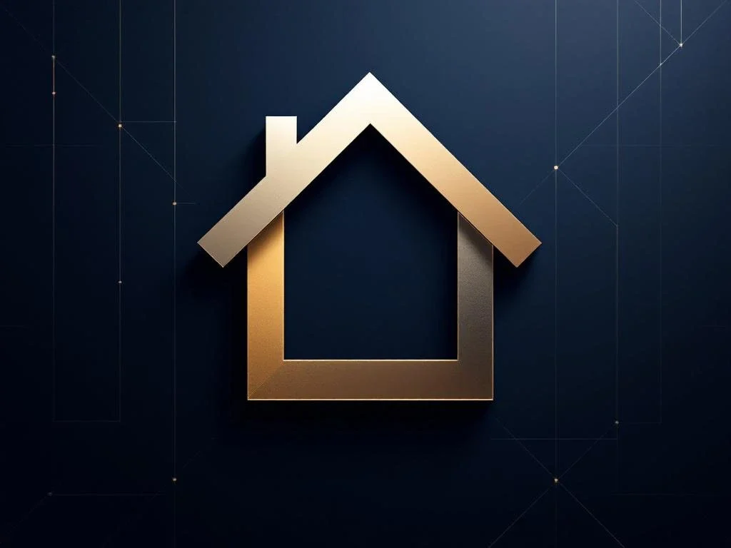Twee in elkaar grijpende geometrische vormen van huis en sleutel op marineblauw-gouden gradiënt, symboliseert eigendomsoverdracht