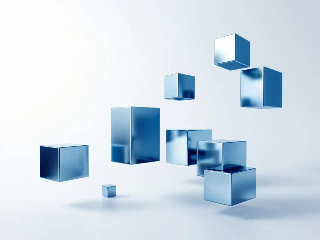 Geometrische bouwstenen in blauw en zilver die adviserende rollen in financiële deals vertegenwoordigen op witte achtergrond