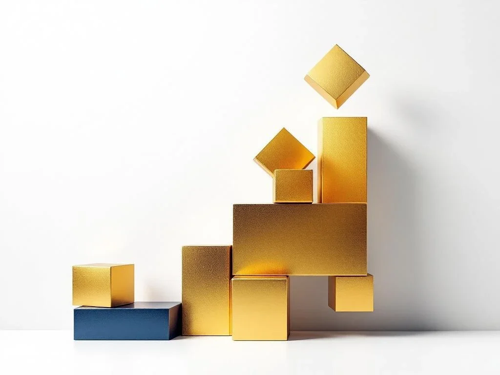 Geometric building blocks in navy blue and gold form a layered financial architecture with upward growth