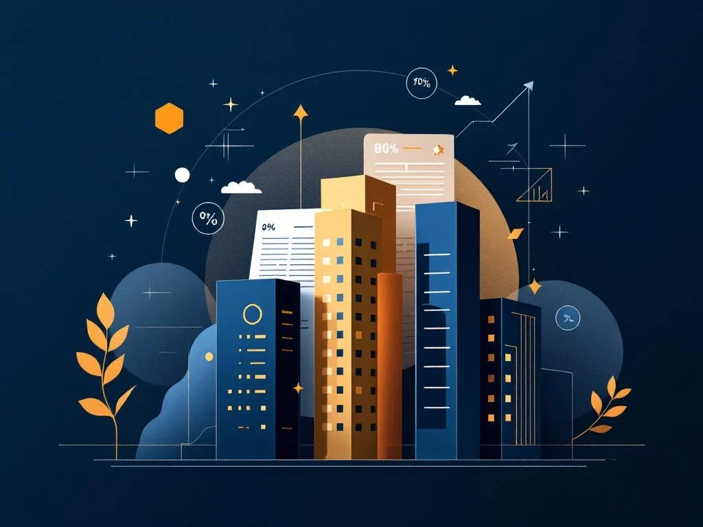 Minimalistische financiële illustratie met gebouwsilhouetten, pijlen en documenticonen in marineblauw en goud