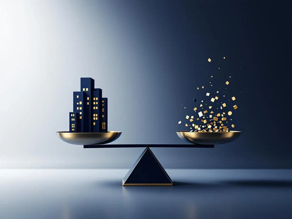 Weegschaal met gebouw op zware kant en geometrische vormen op lichte kant, blauwe en grijze tinten, financiële beslissingen