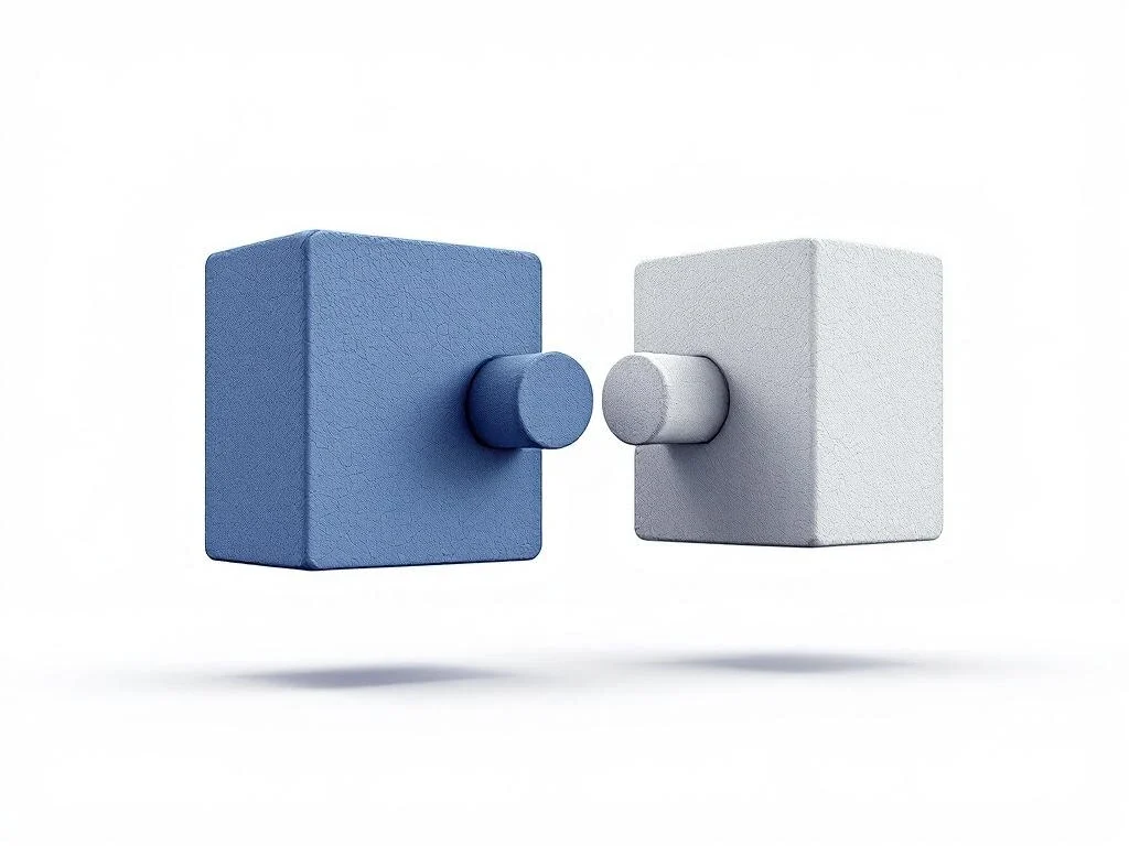 Twee abstracte geometrische puzzelstukken zweven boven witte achtergrond, bijna verbindend, symboliserend bedrijfsfusie