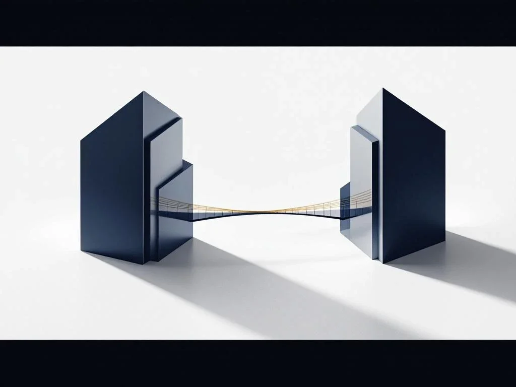 Twee geometrische gebouwsilhouetten die samensmelten tot één structuur, verbonden door gouden brug op witte achtergrond