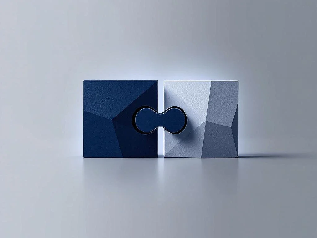 Twee geometrische puzzelstukken in marineblauw en grijs die naadloos verbinden op witte achtergrond, symbool voor bedrijfsfusie
