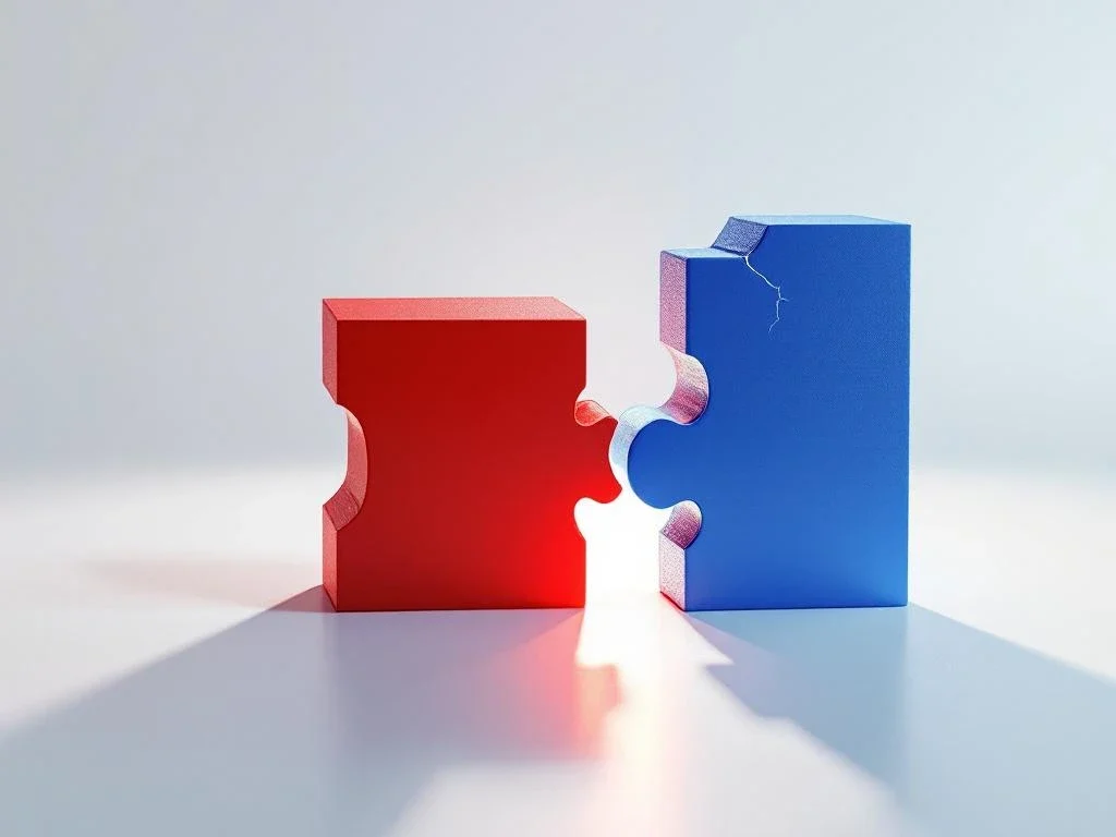 Two geometric puzzle pieces in blue and red with cracks, almost connected with subtle opening between elements