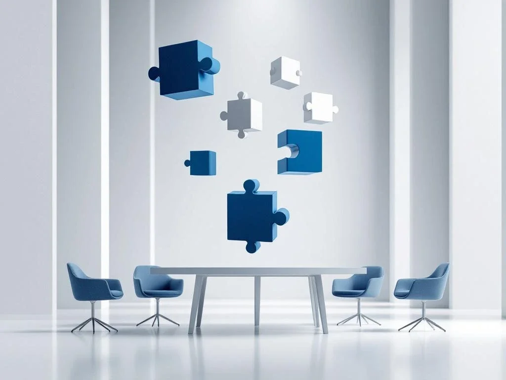 Zwevende geometrische blokken verbinden zich in minimalistische compositie, symboliserend fusies en overnames