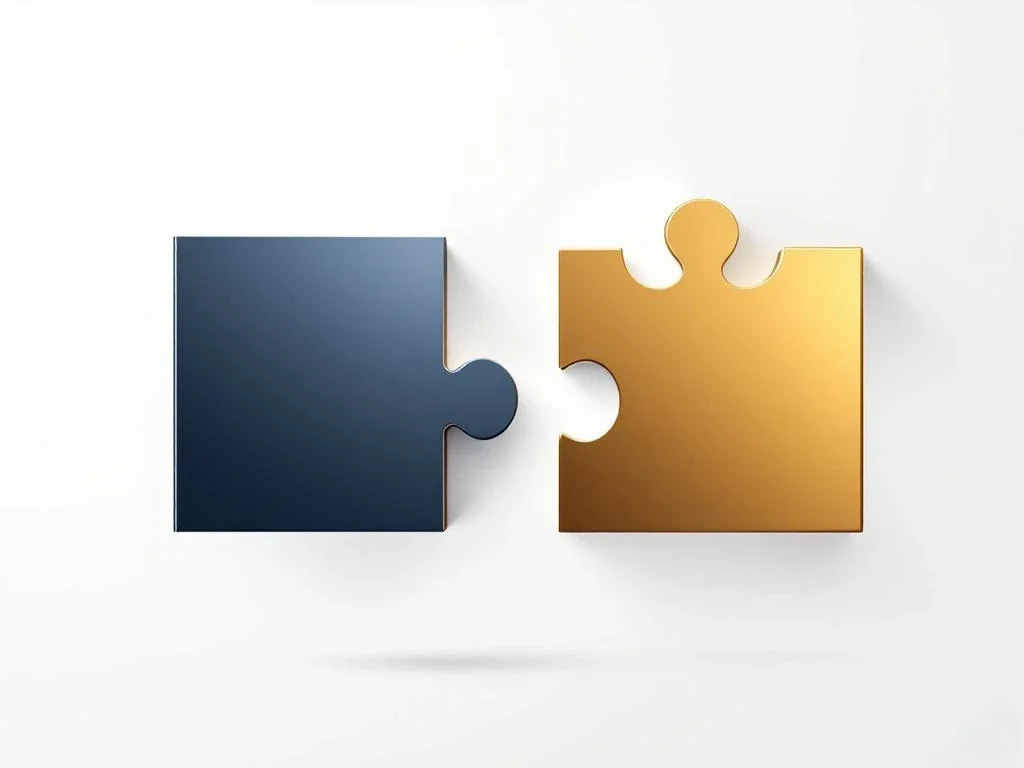 Twee geometrische puzzelstukken in marineblauw en goud die verbinden tegen witte achtergrond met pijlen en schaduwen